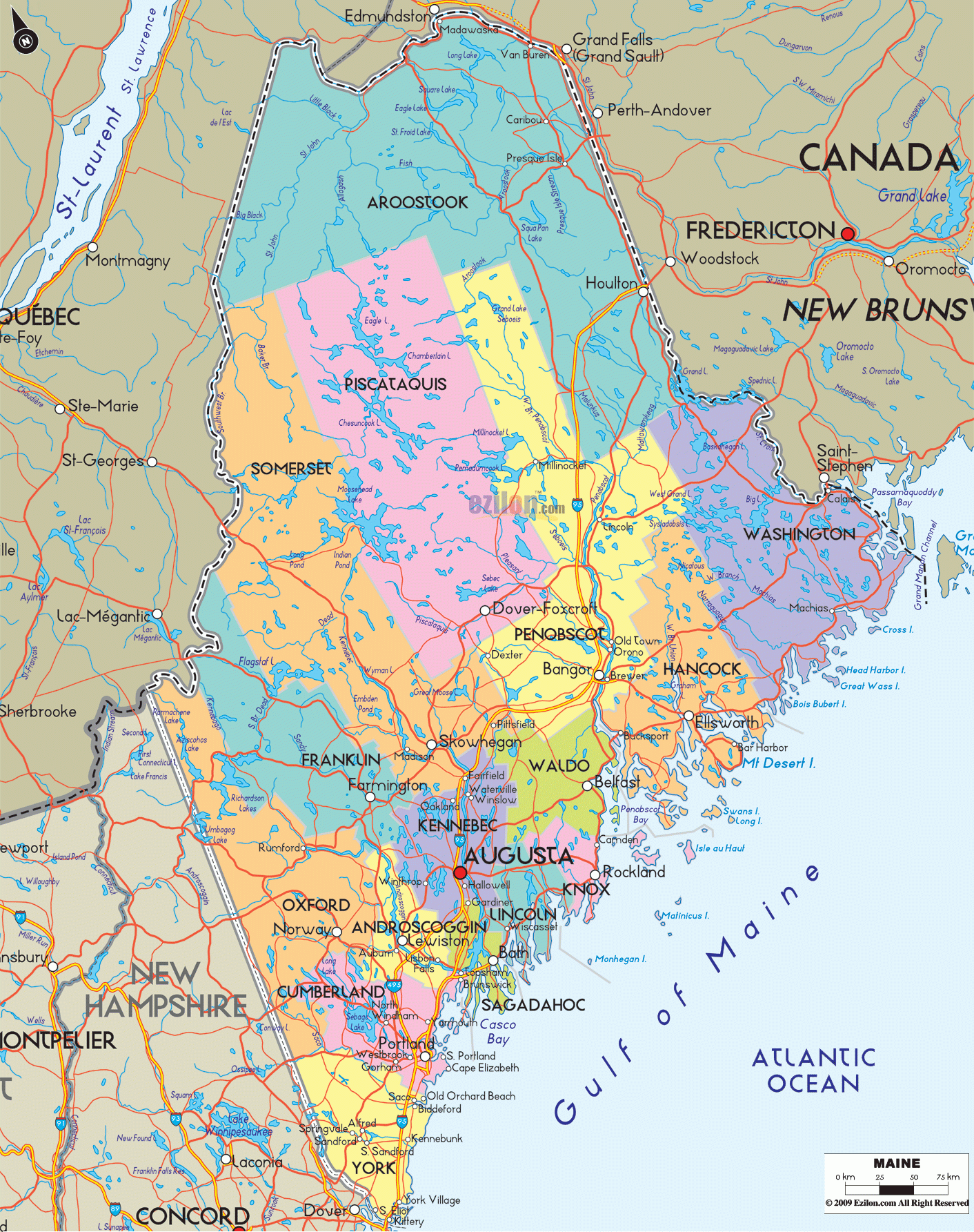 Detailed Political Map Of Maine Ezilon Maps Detailed Political Map Of Maine Ezilon Maps