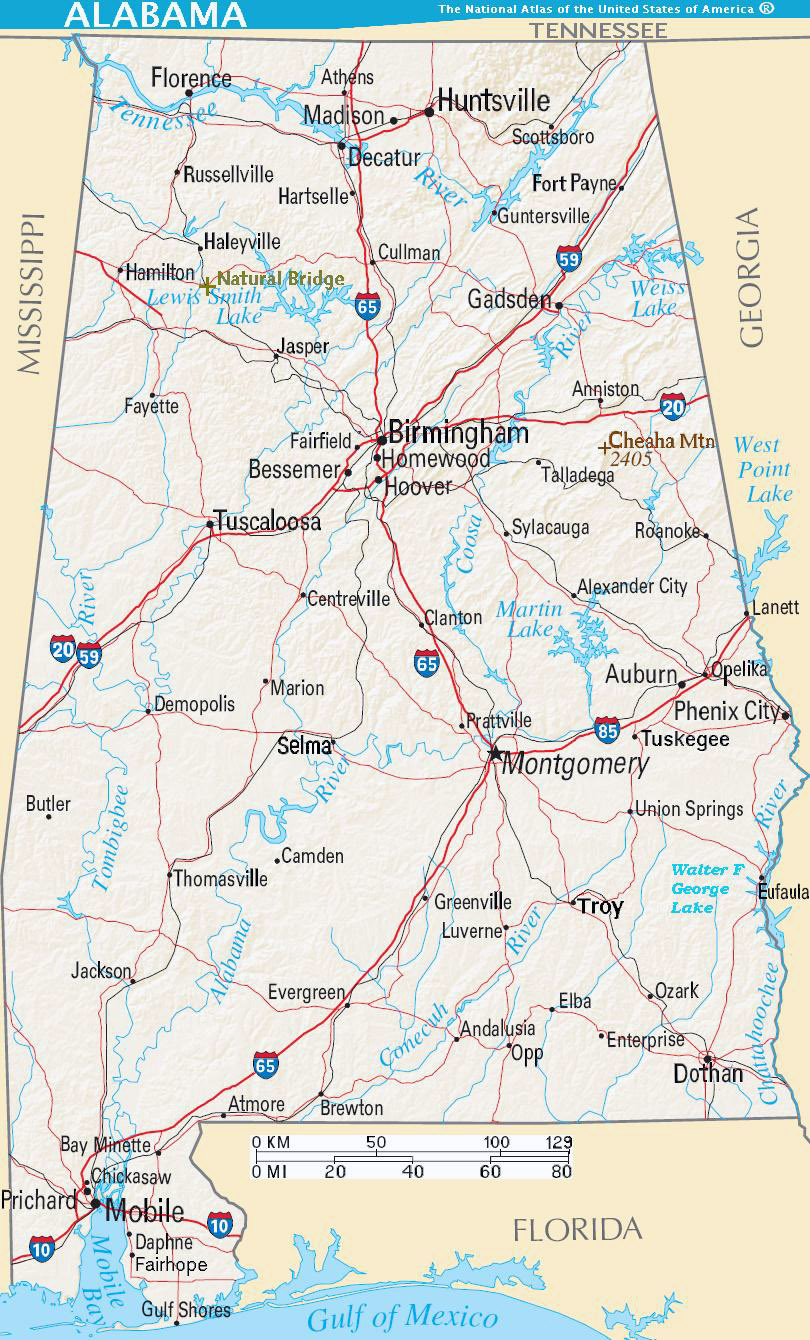 Detailed Road Map Of Alabama State With Relief And Cities 