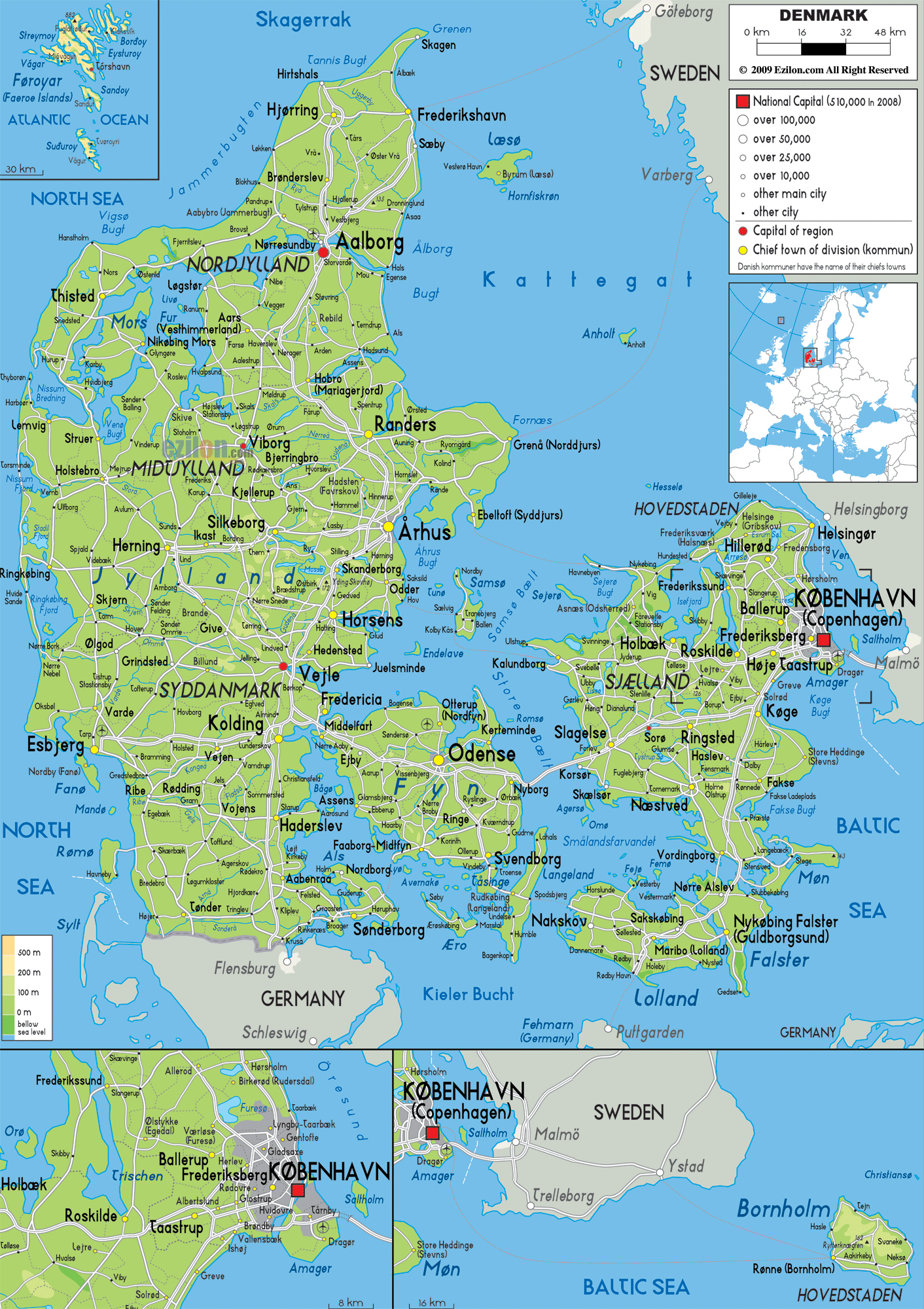 Large Detailed Physical Map Of Denmark With All Roads 