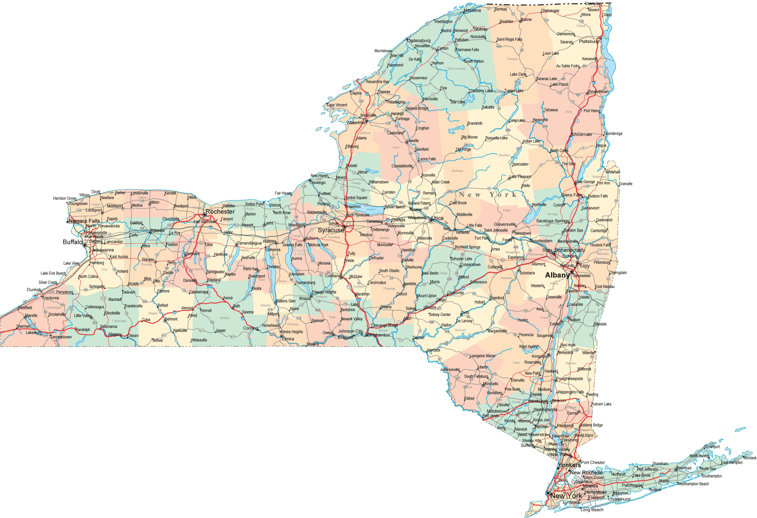 Large Detailed Road And Administrative Map Of New York 