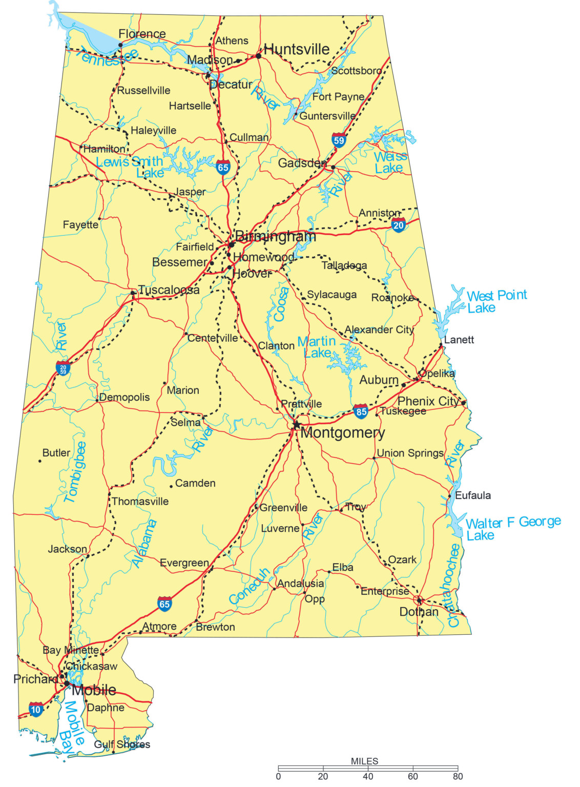 Large Detailed Road Map Of Alabama With Cities Vidiani Printable Map