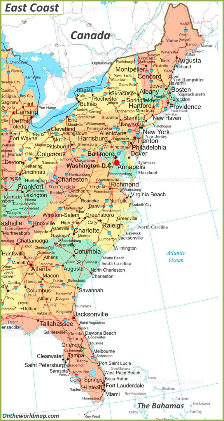Map Of East Coast Of The United States Printable Map Of The United States