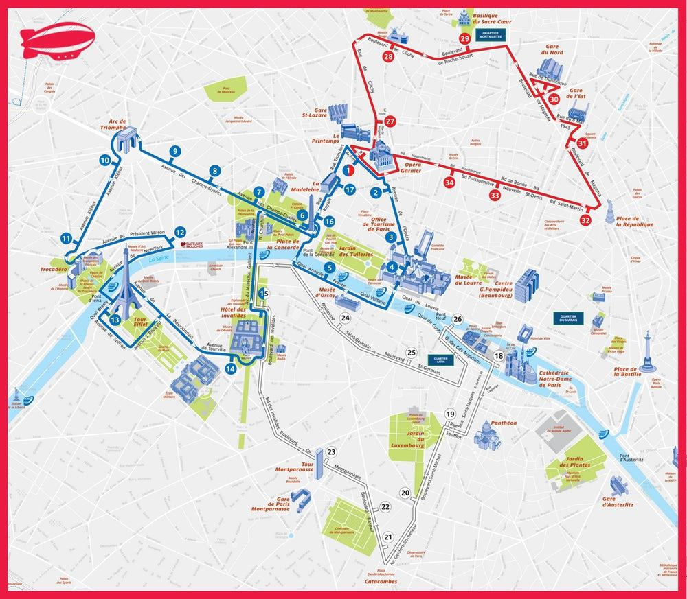 Paris Hoho bus route Karte Paris Tourist Bus Route Map 