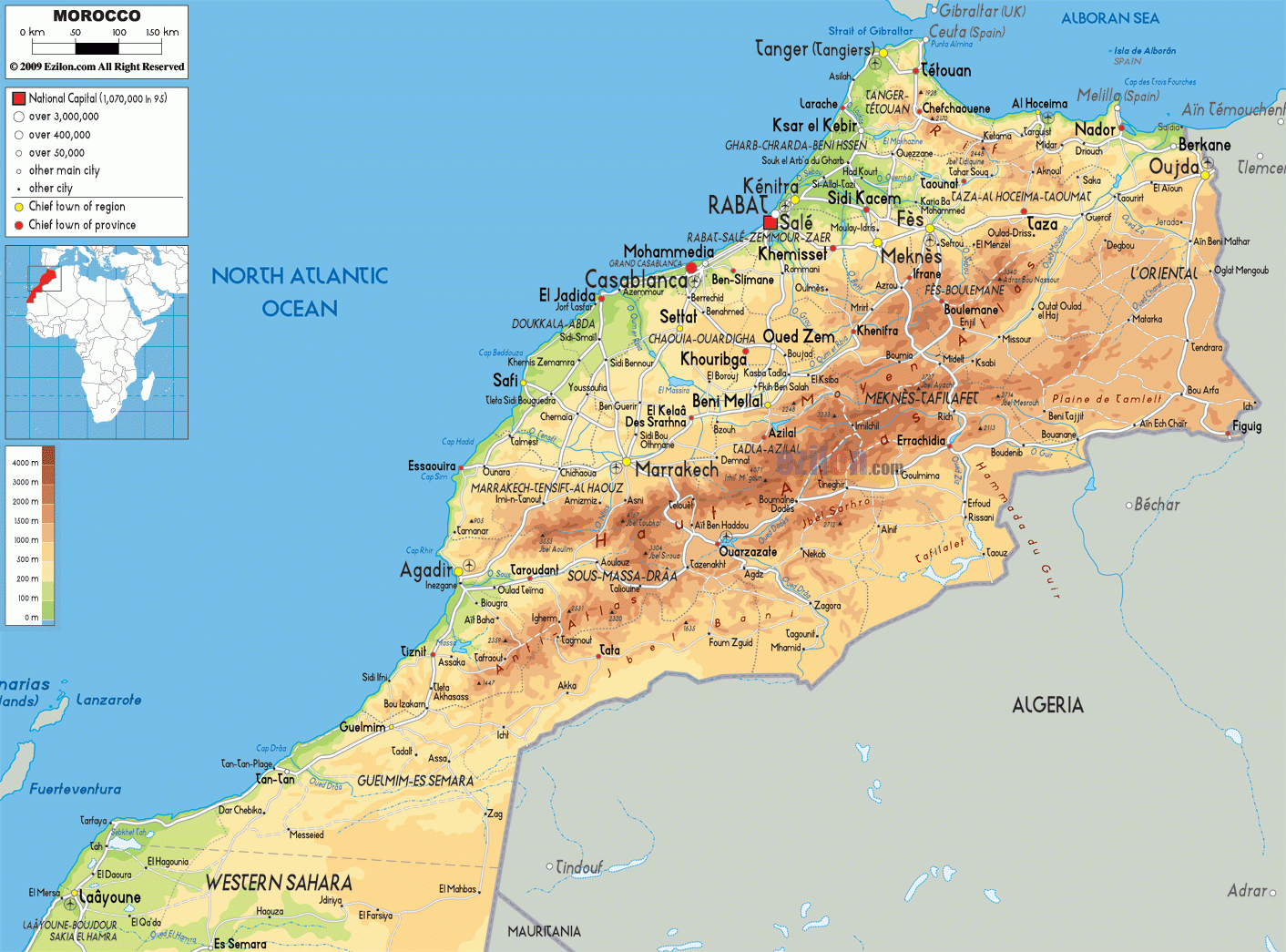 Physical Map Of Morocco Ezilon Maps