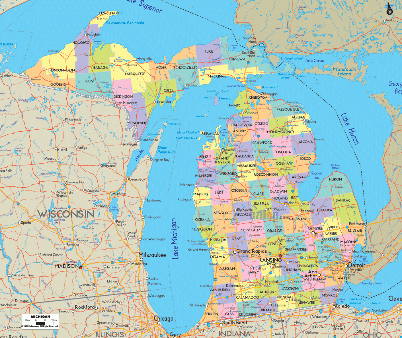 Political Map Of Michigan Ezilon Maps