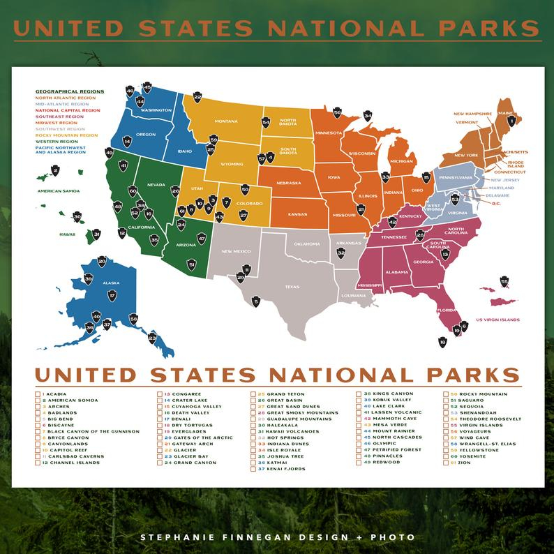 PRINTABLE National Parks Map 14x11 Poster US Etsy