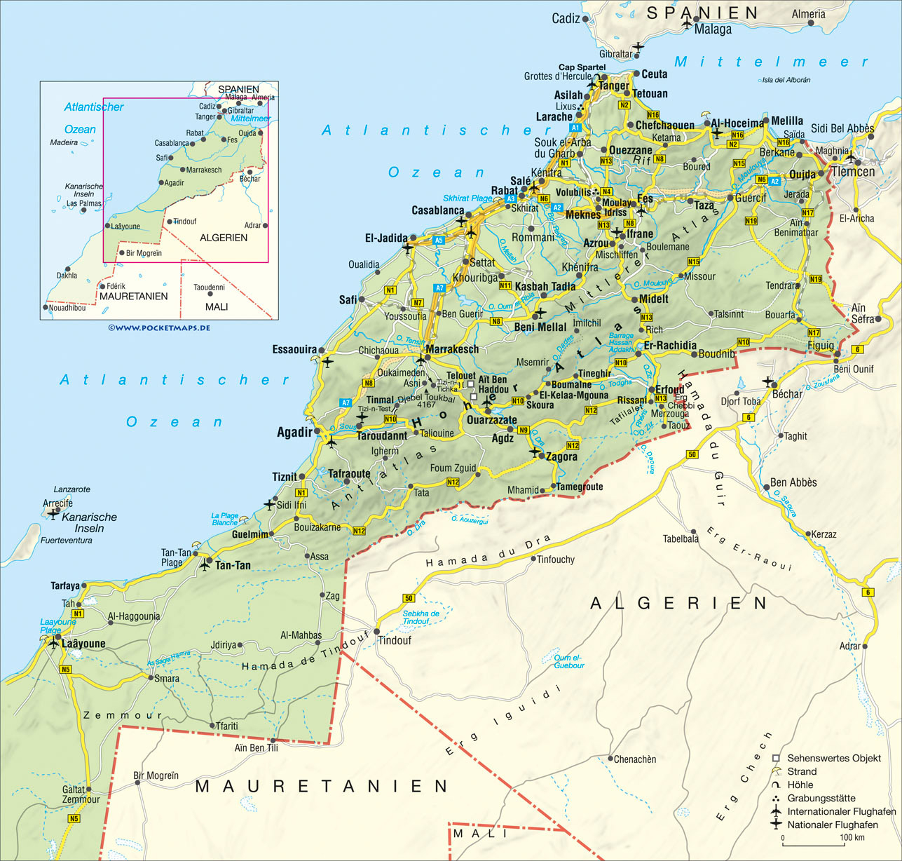 Road Map Of Morocco With Relief Cities And Airports 