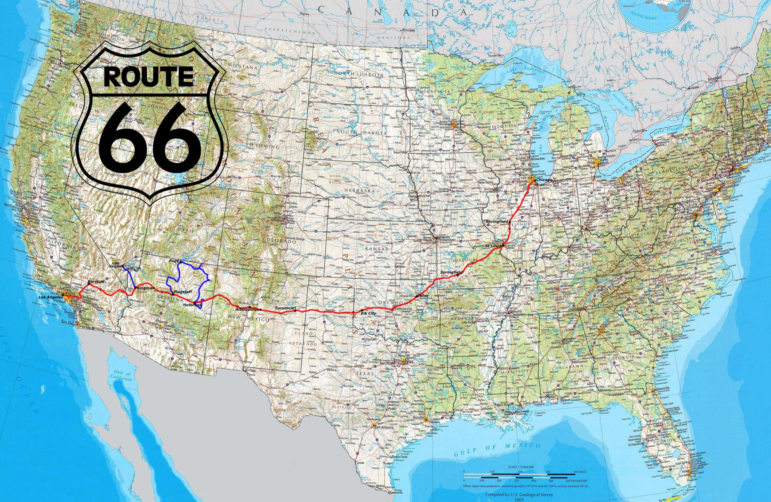 Road Route 66 USA Highway Map North America Canada 