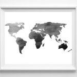 Watercolor World Map Print Printable Black White Wall Art