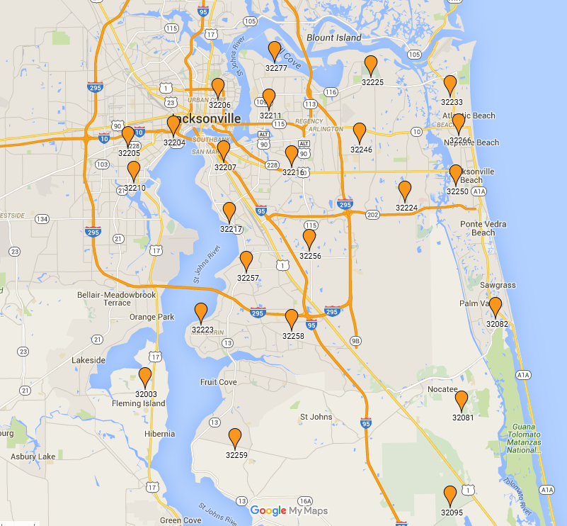 Zip Code Map Jacksonville Florida Jacksonville Zip Codes