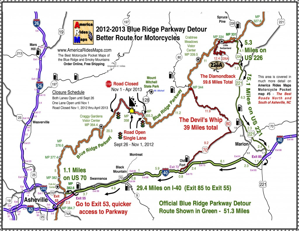 Blue Ridge Parkway 2013 Detour Map For Motorcycles Travel