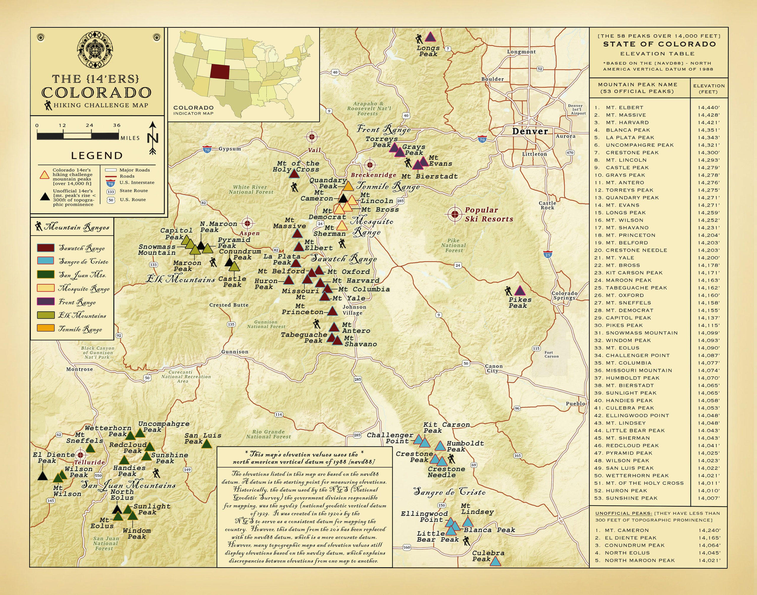 Colorado Fourteener s 11 X 14 Elevation Table Map By 