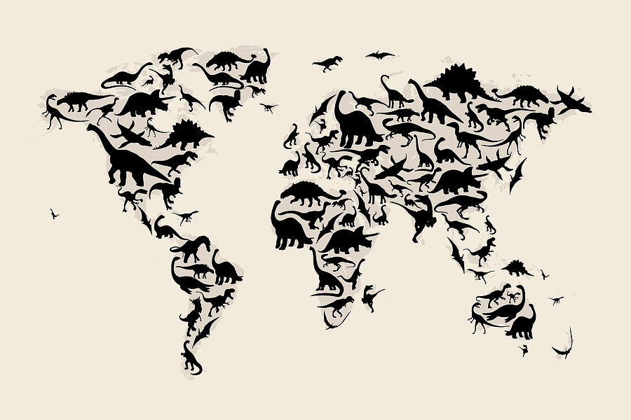 Dinosaur Map Of The World Map Digital Art By Michael Tompsett