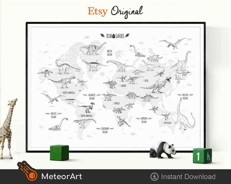 DIY Dinosaur World Map Printable Illustration Horizontal 