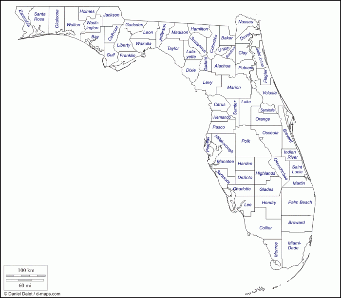 Florida Map Featuring County Locations