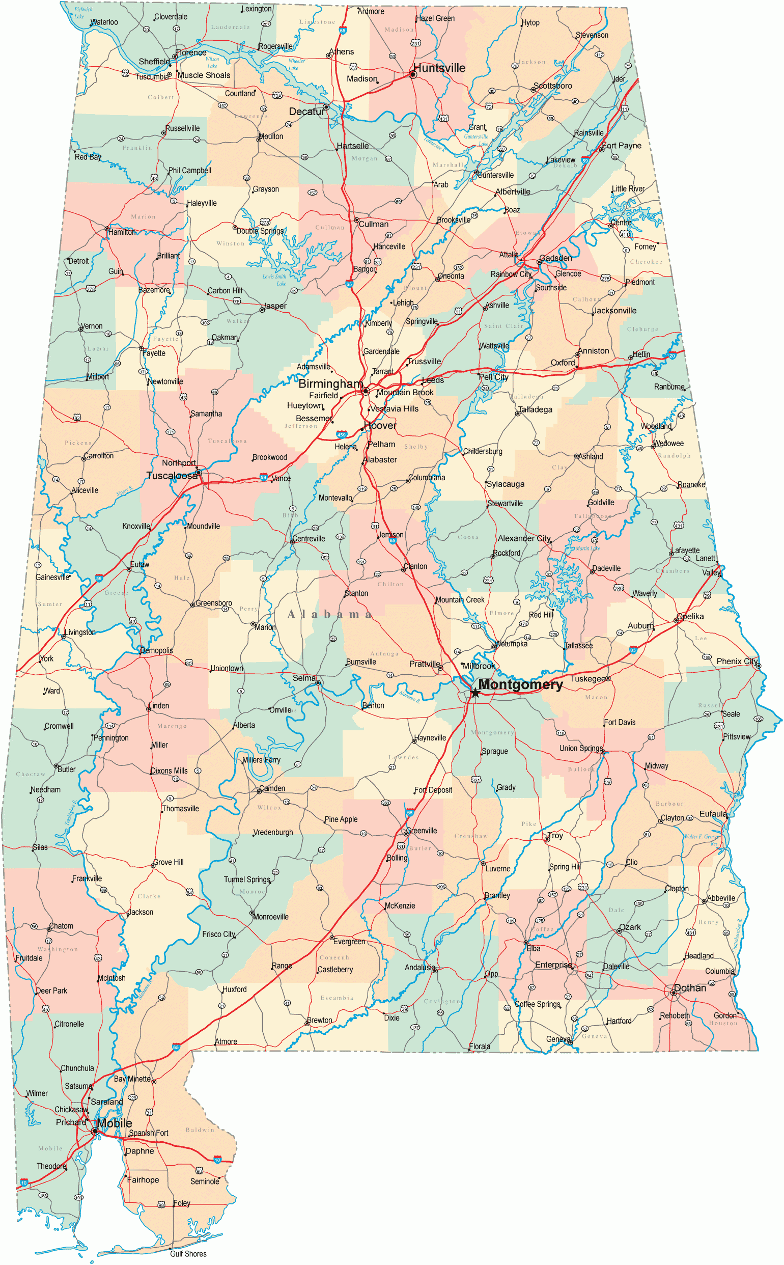 Free Printable Maps State Of Alabama Road Map Print For 