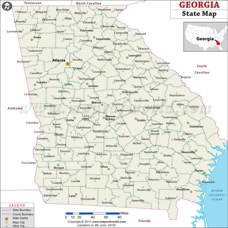 Georgia State Map Shows The State Capital Major Towns And 