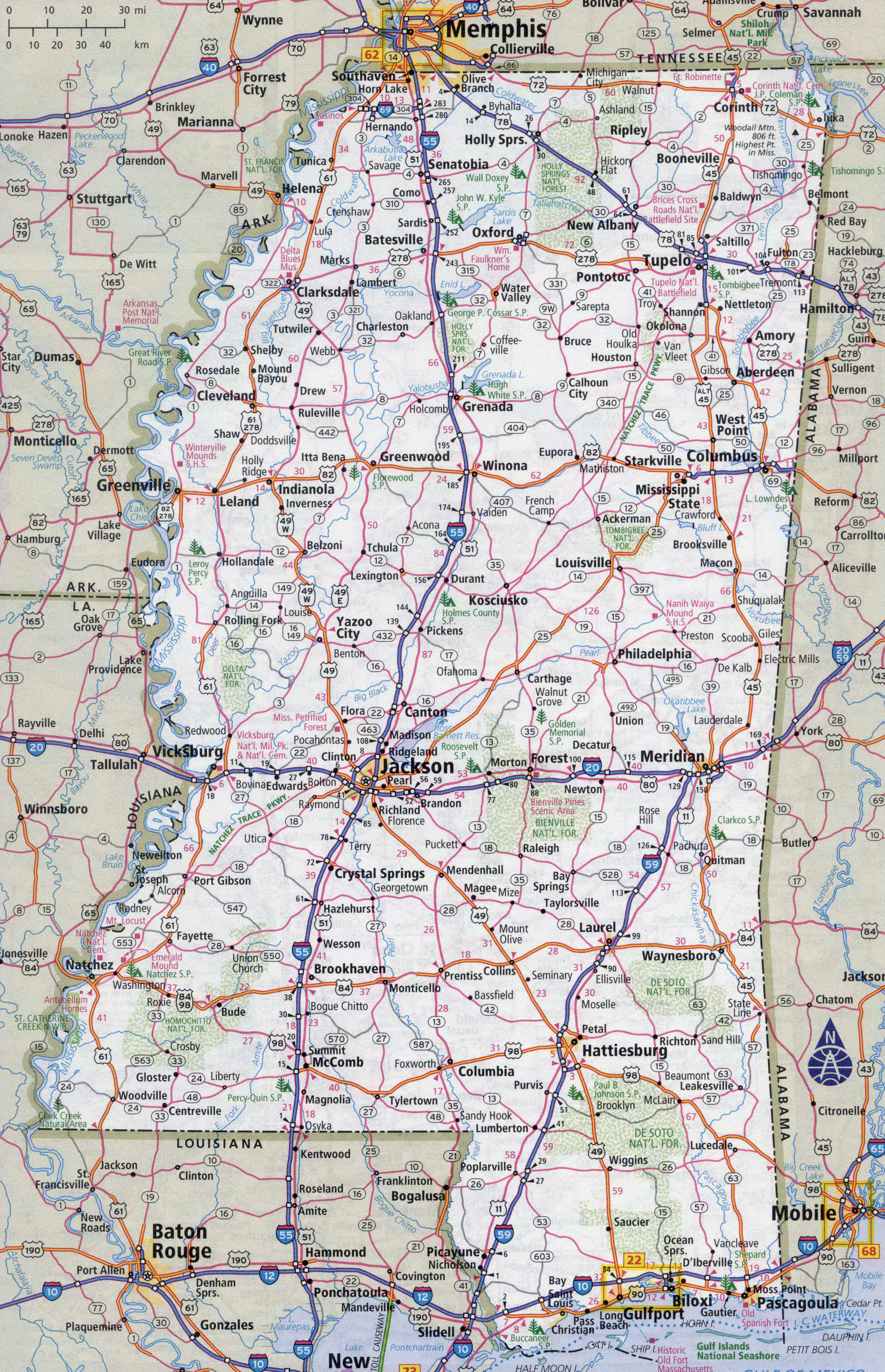 Large detailed roads and highways map of mississippi state 