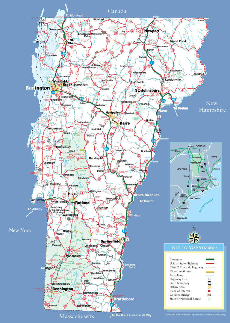 Large Detailed Tourist Map Of Vermont With Cities And Towns