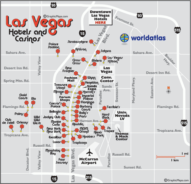 Map Of Las Vegas Hotels And Casinos The Strip And Downtown 