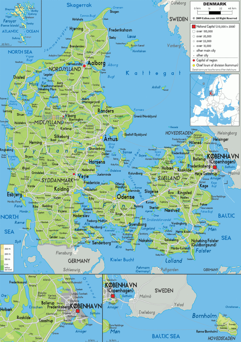 Physical Map Of Denmark Ezilon Maps