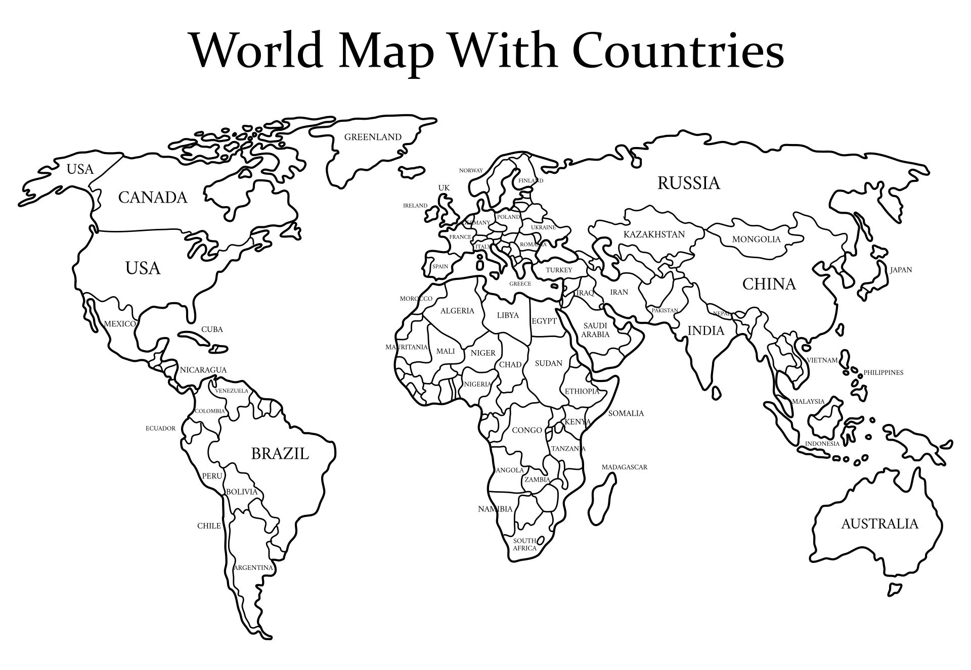 10 Best Black And White World Map Printable Printablee