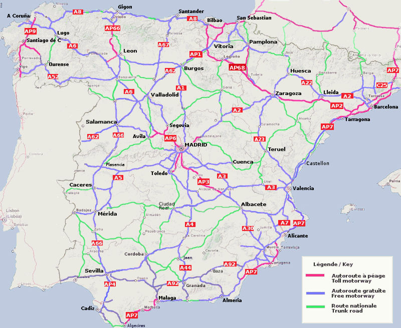 Carte Des Routes Et Autoroutes D Espagne