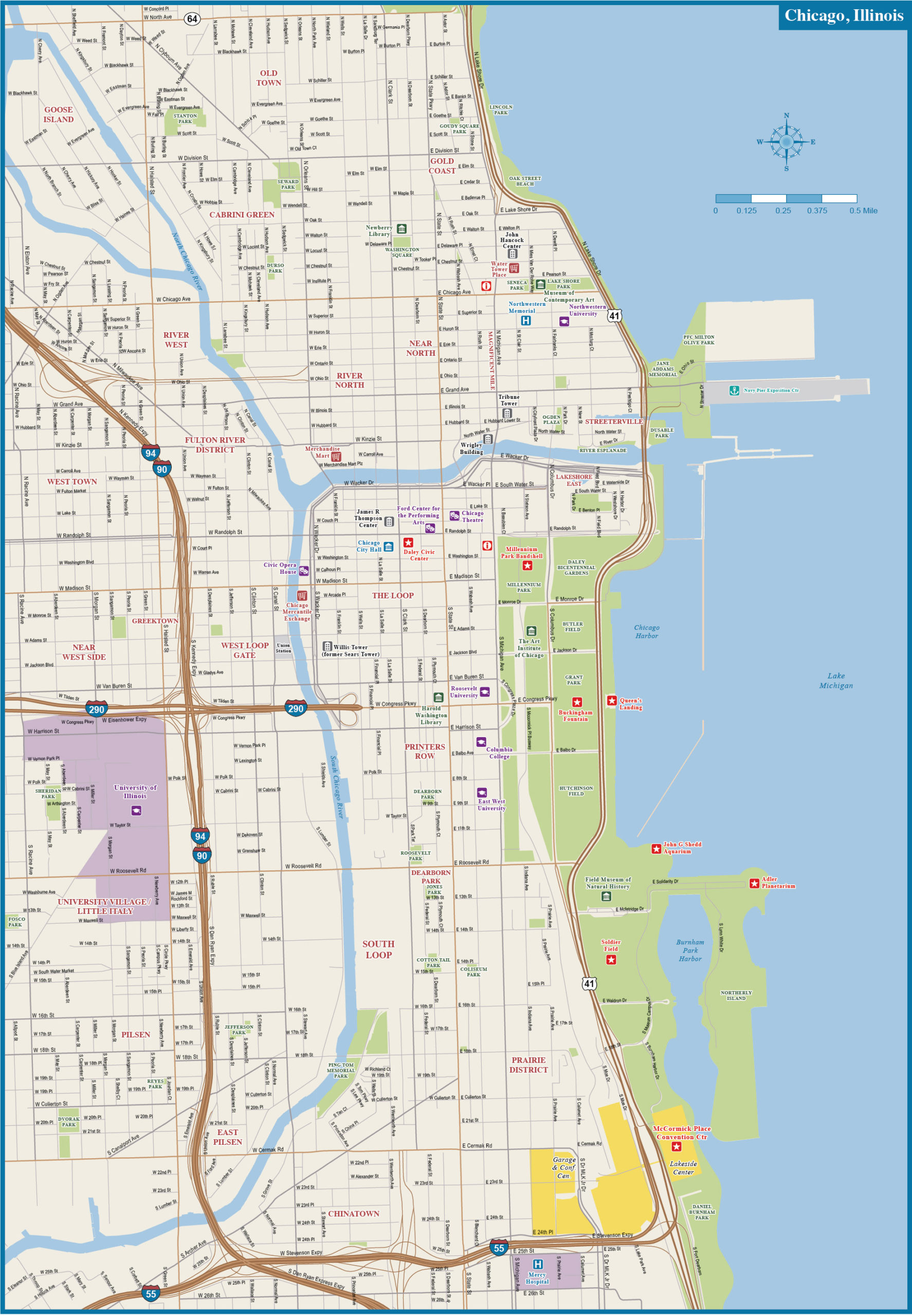 Chicago Downtown Map Digital Vector Creative Force