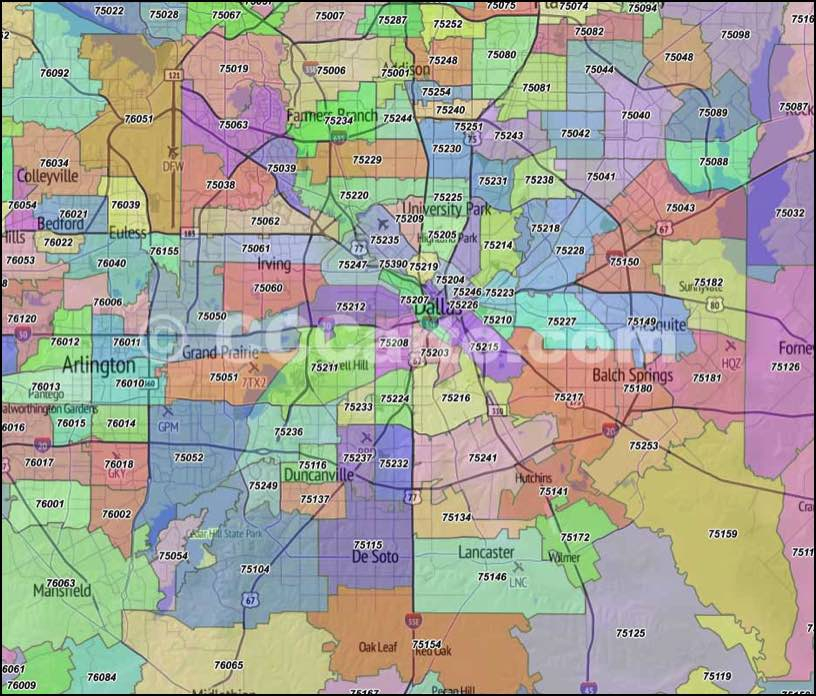 Dallas Zip Codes Dallas County Zip Code Boundary Map