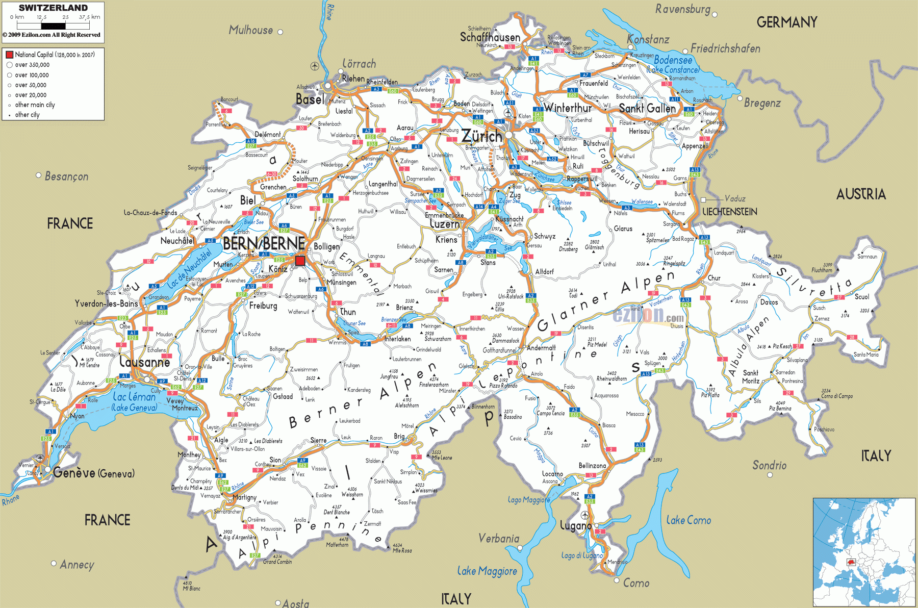 Detailed Clear Large Road Map Of Switzerland Ezilon Maps