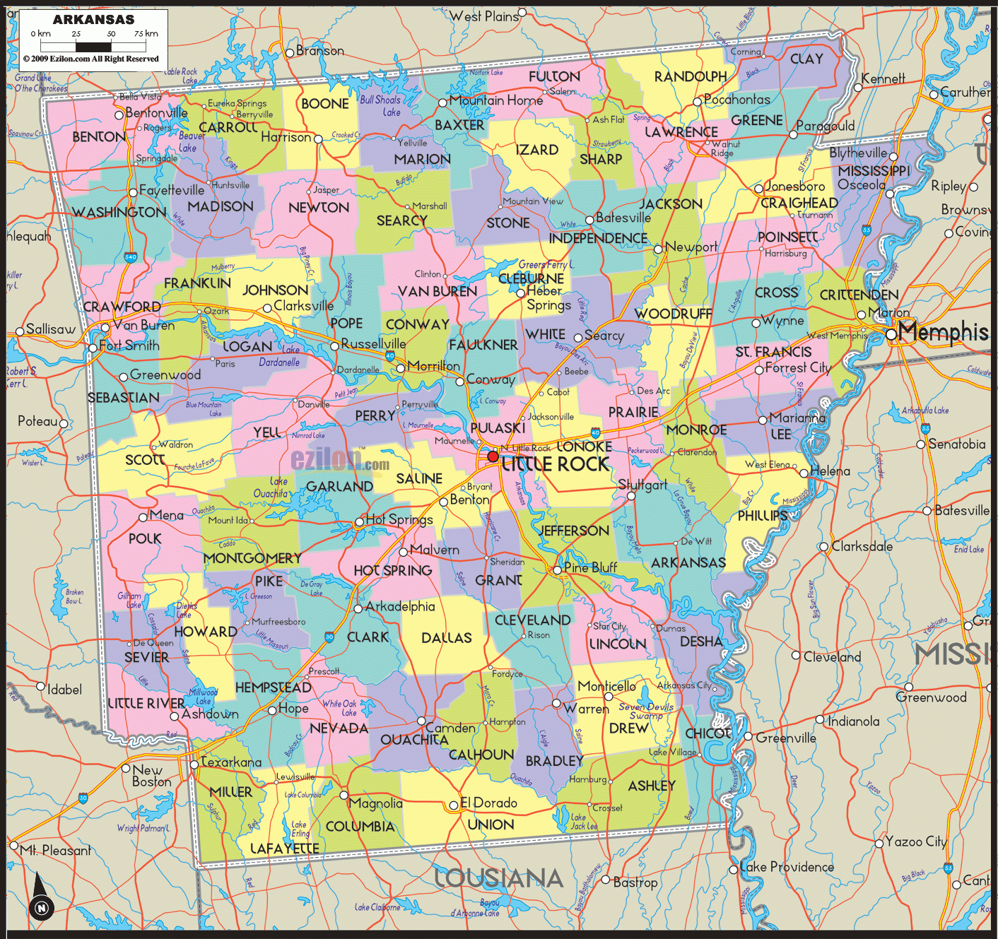 Detailed Political Map Of Arkansas Ezilon Maps