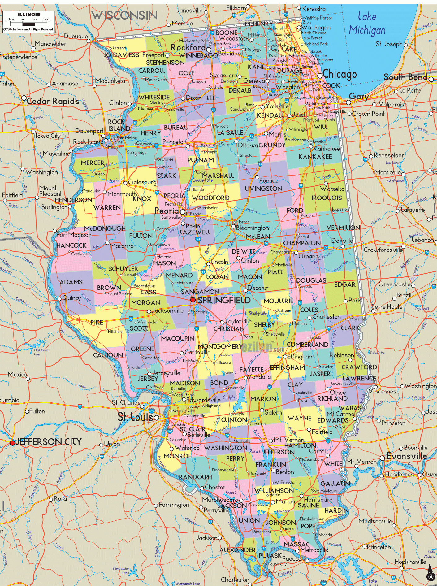 Detailed Political Map Of Illinois Ezilon Maps