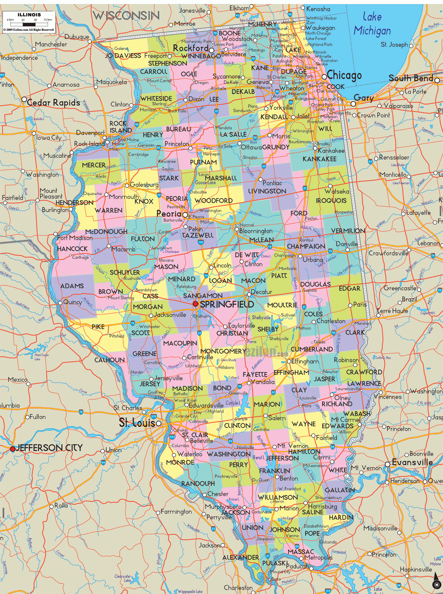 Detailed Political Map Of Illinois Ezilon Maps Detailed Political Map Of Illinois Ezilon Maps