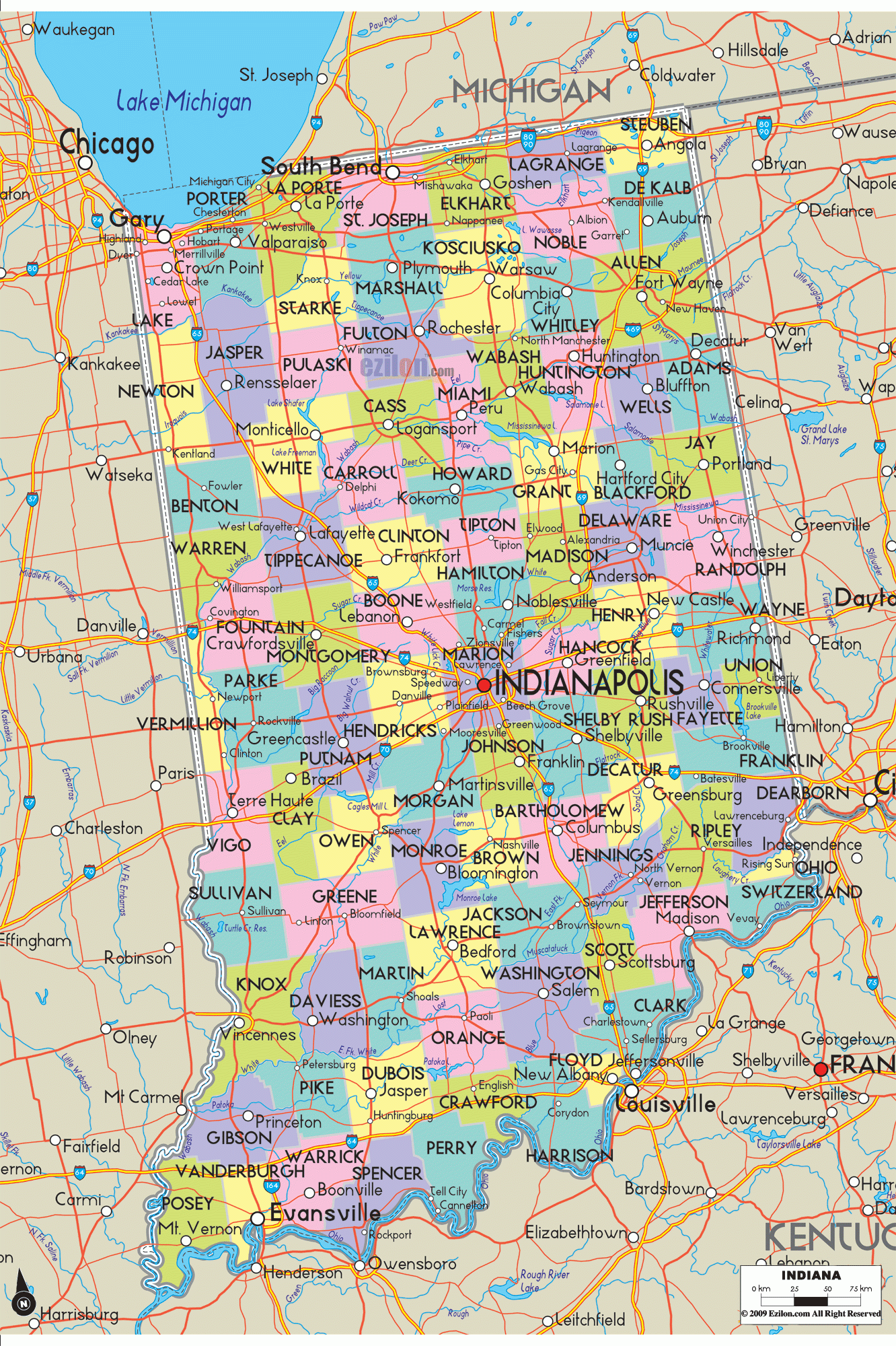 Detailed Political Map Of Indiana Ezilon Maps