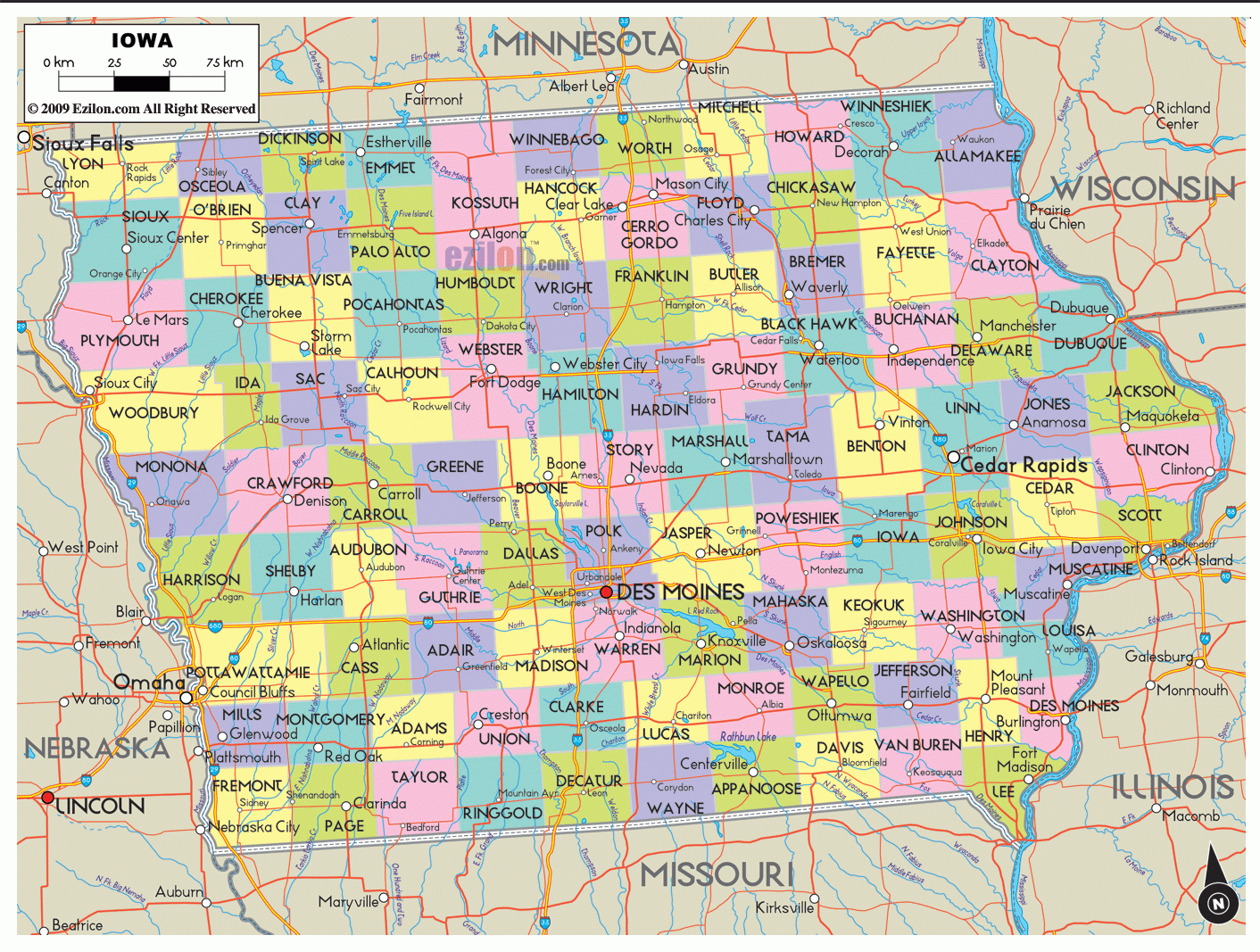 Detailed Political Map Of Iowa Ezilon Maps