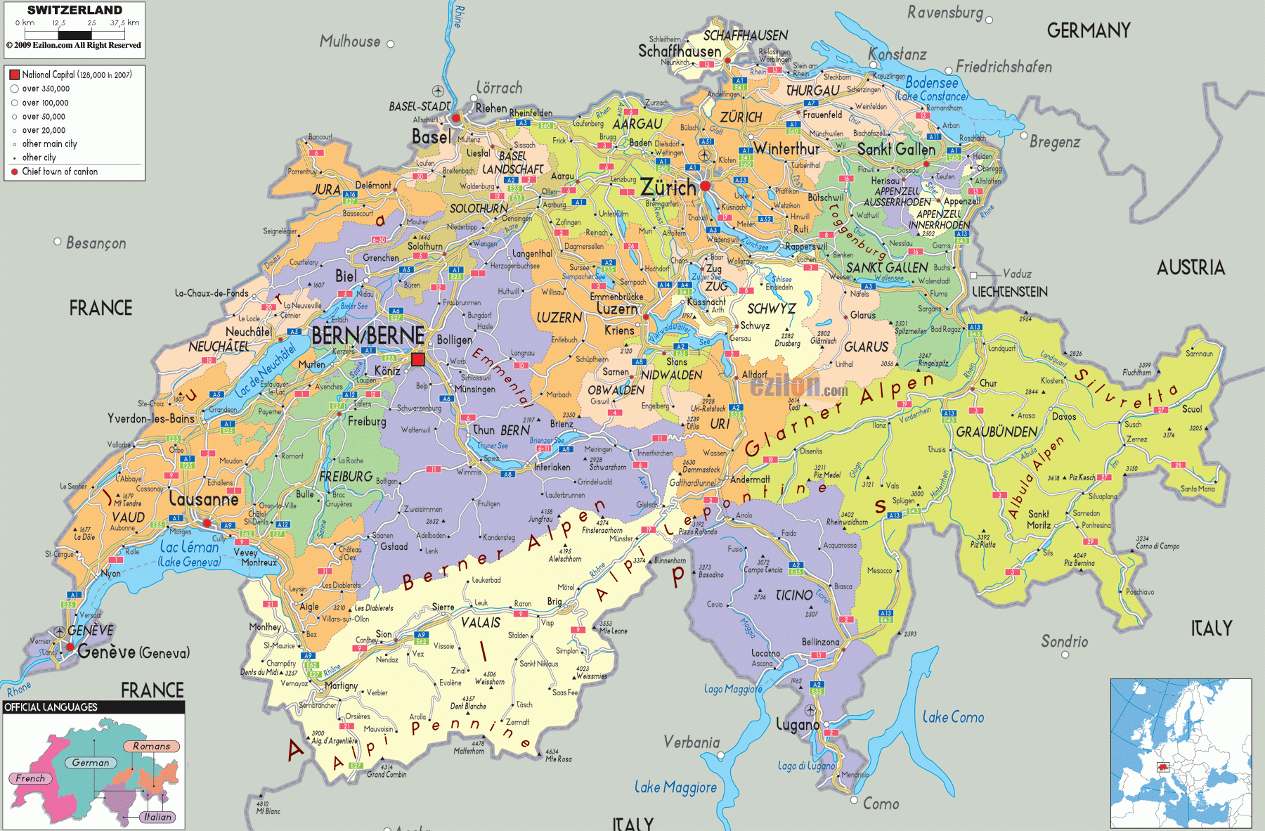 Detailed Political Map Of Switzerland Ezilon Maps