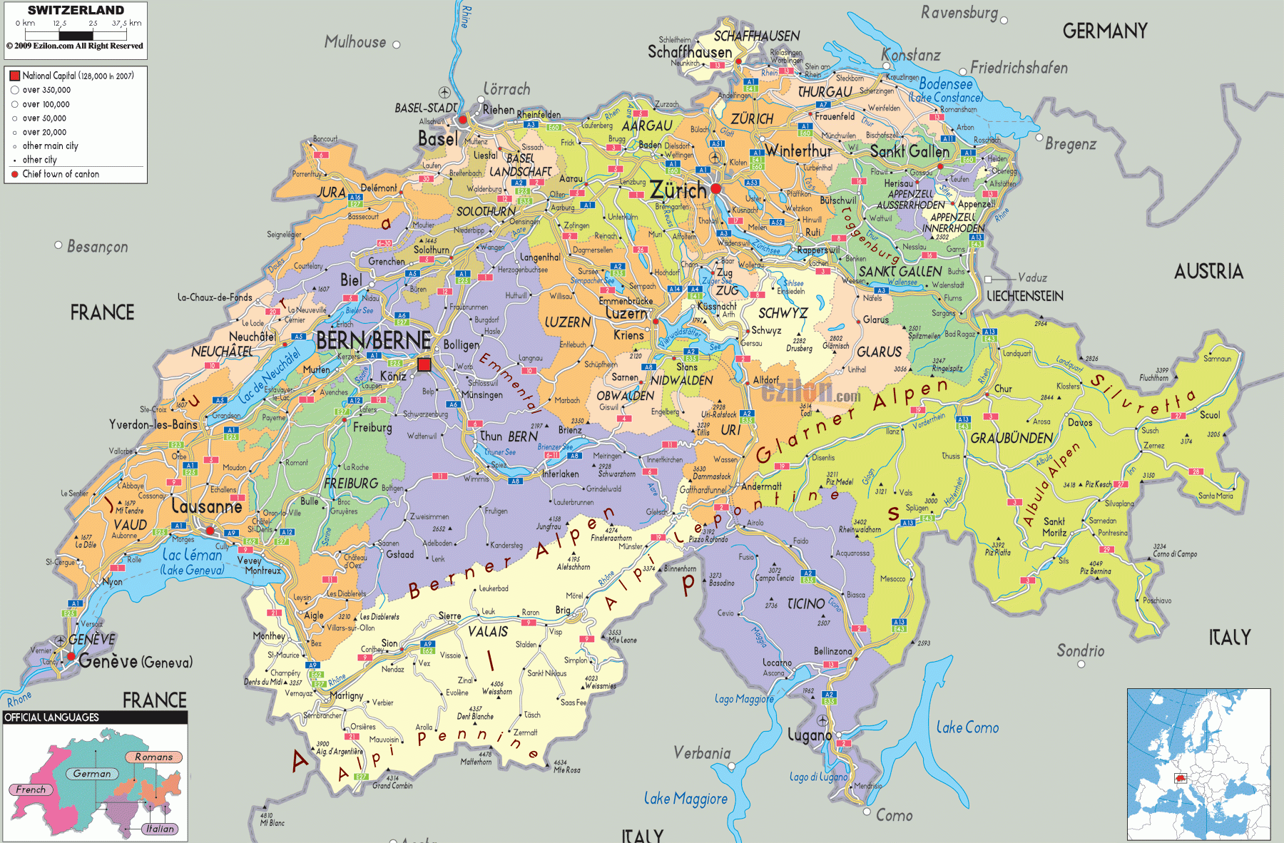 Detailed Political Map Of Switzerland Ezilon Maps Detailed Political Map Of Switzerland Ezilon Maps