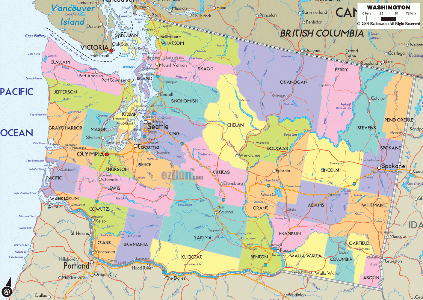 Detailed Political Map Of Washington State Ezilon Maps Detailed Political Map Of Washington State Ezilon Maps