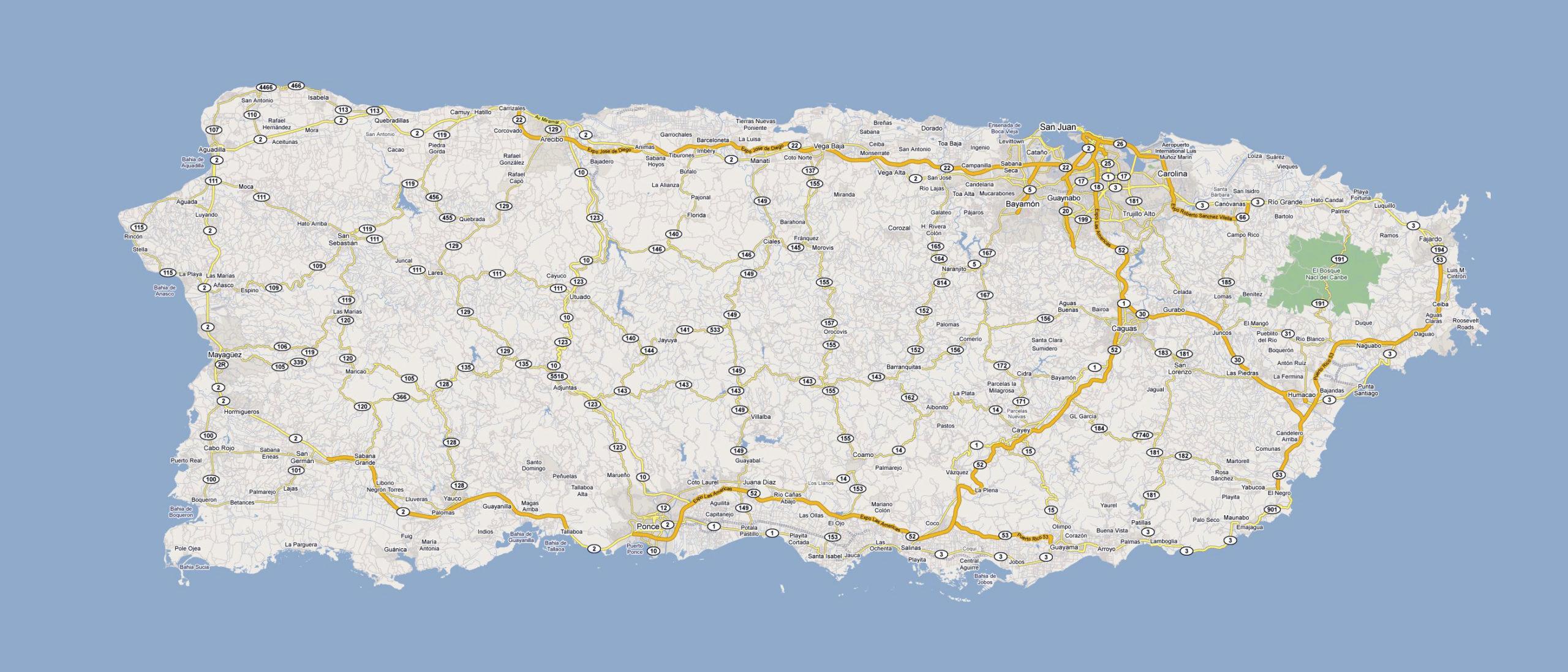 Detailed Road Map Of Puerto Rico With Cities Puerto Rico 