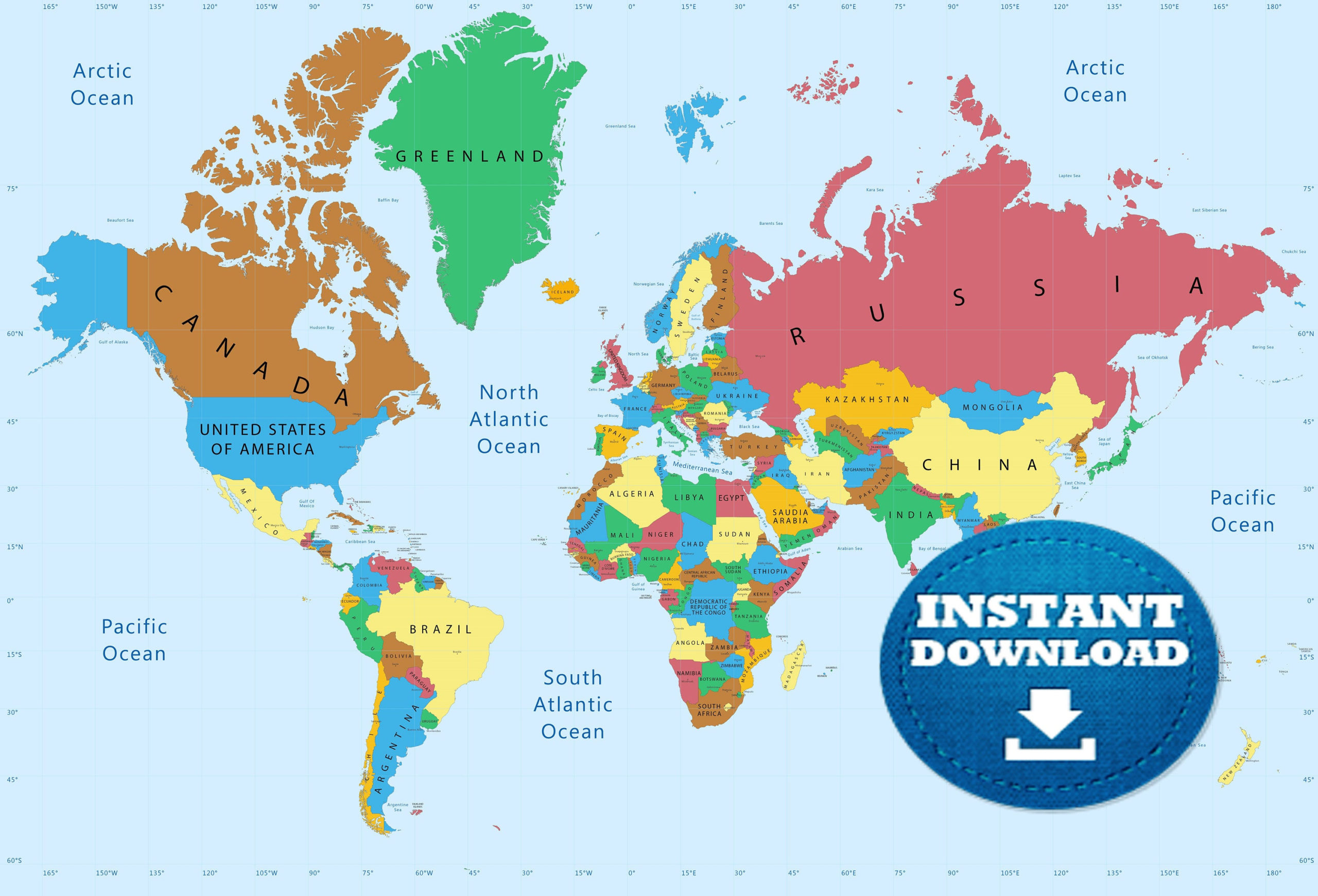 Digital Colorful World Map Printable Download Weltkarte 