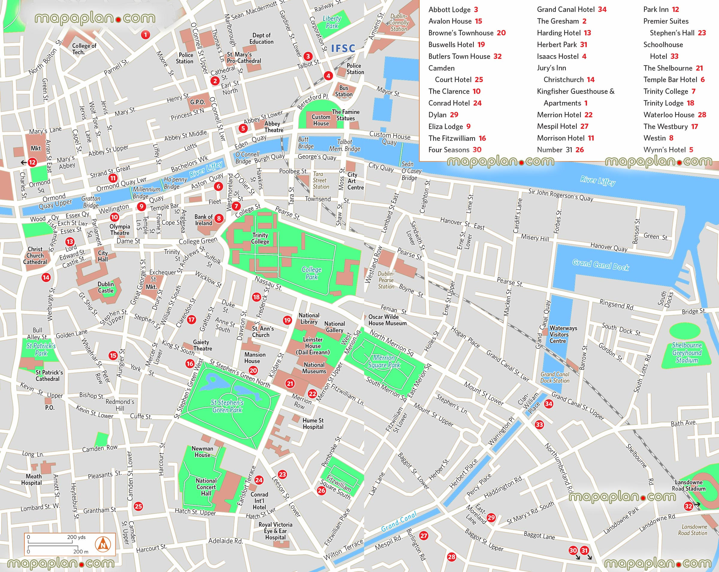 Dublin Map Downtown Dublin Map Of Main Hotels And City 