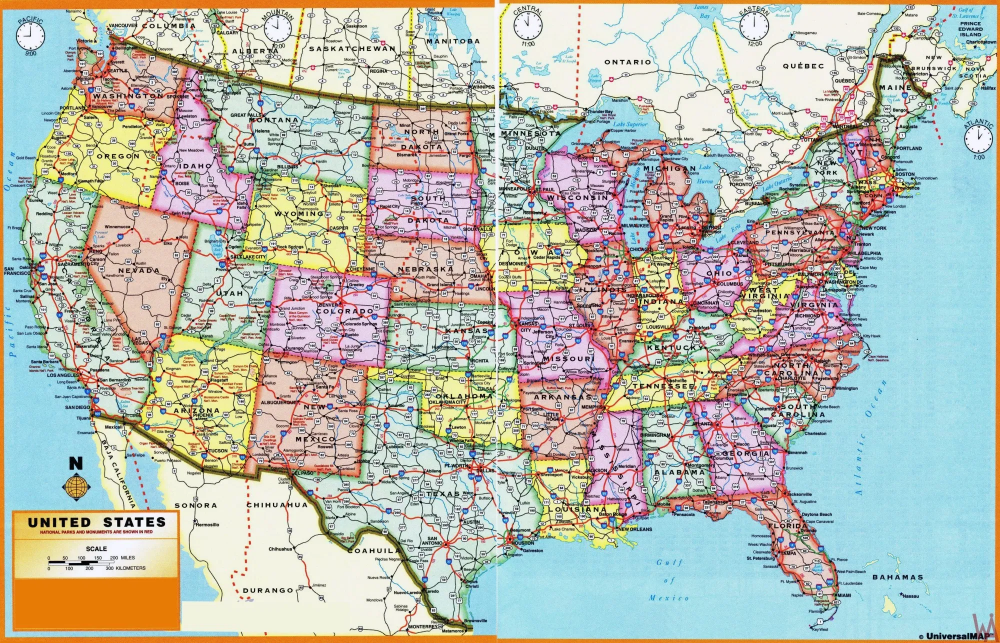 Economic US High Resolution Political Time Zone Map 