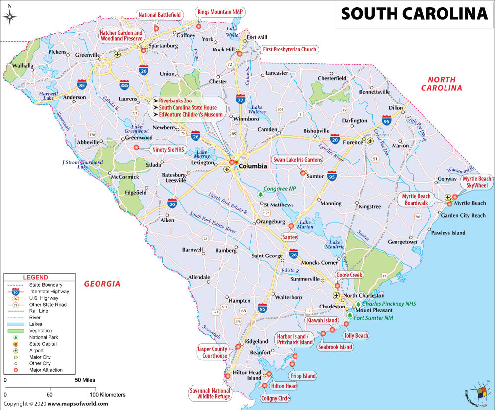 Labeled Map Of South Carolina With Capital Cities