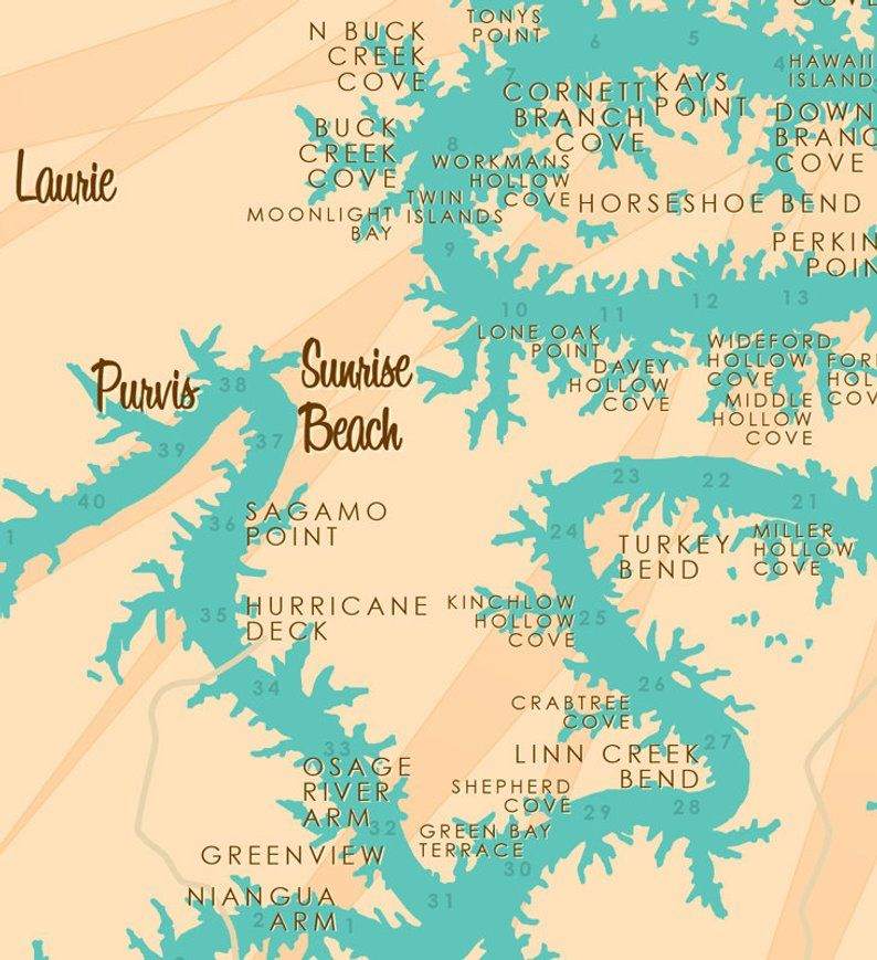 Lake Of The Ozarks MO With Mile Markers Map Art Print 