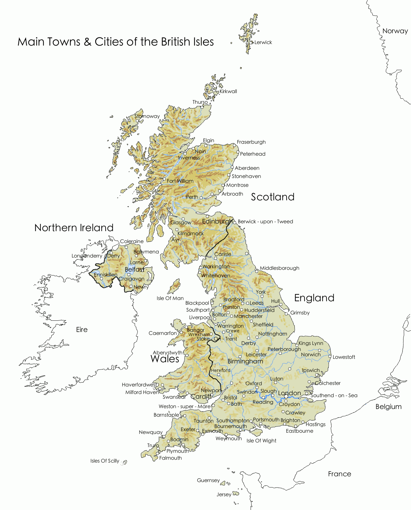 Map Of Major Towns Cities In The British Isles Britain 