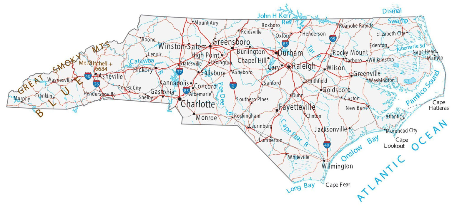 North Carolina Map Cities And Roads GIS Geography Printable Map of The United States