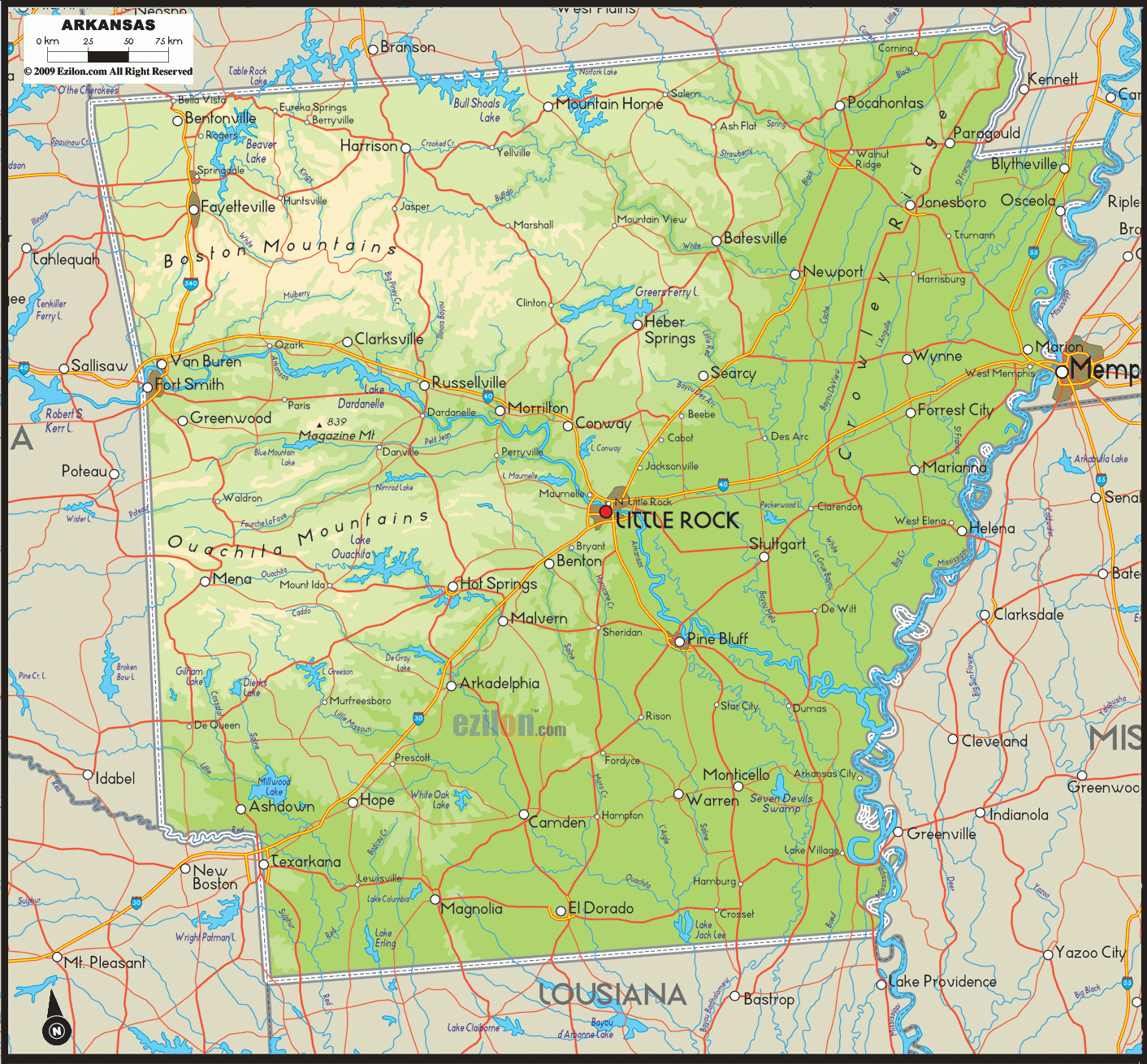 Physical Map Of Arkansas Ezilon Maps