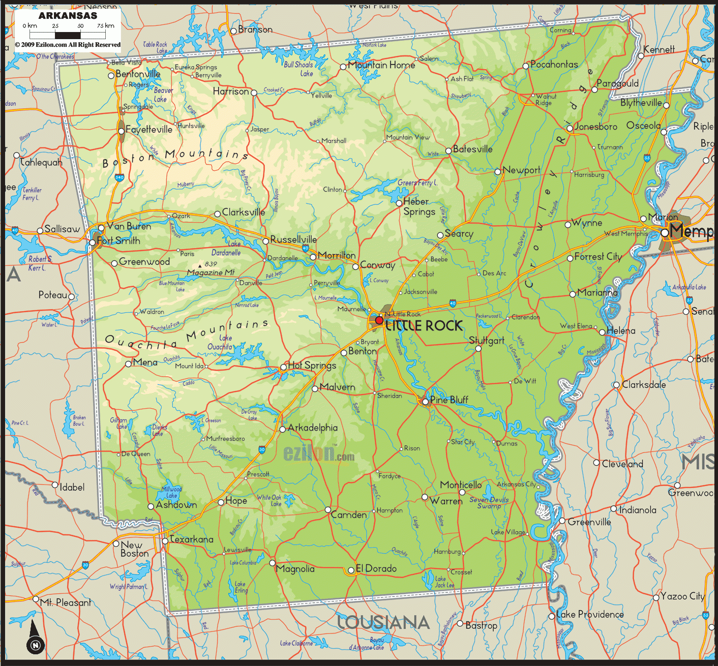 Physical Map Of Arkansas Ezilon Maps Physical Map Of Arkansas Ezilon Maps