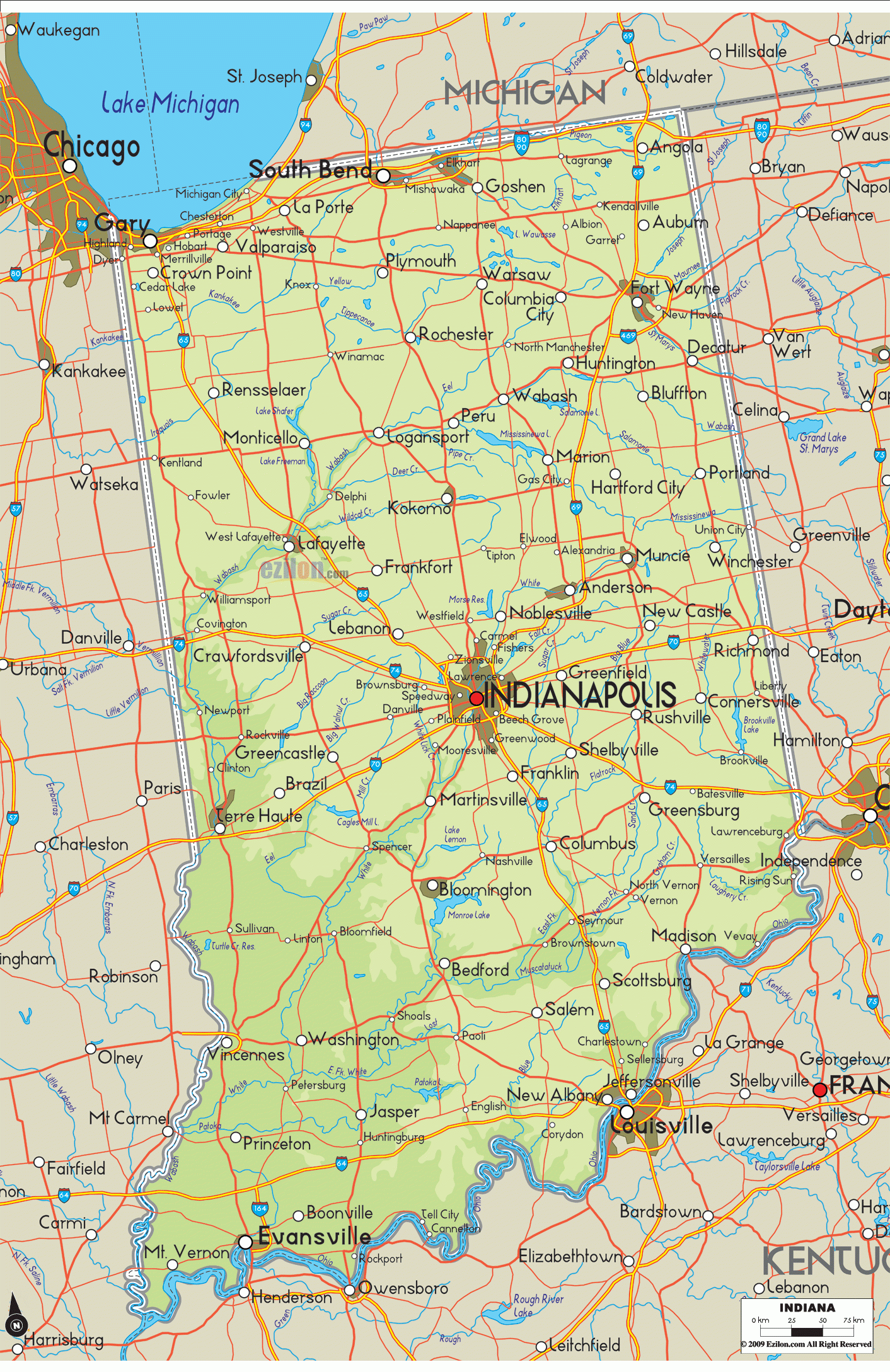 Physical Map Of Indiana Ezilon Maps