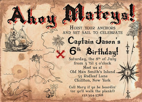 Pirate Treasure Map Printable Invitation 5x7 Customized 